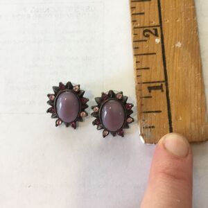 Vintage Style Purple Cabochon Earrings Bronze‎ Tone Flower Pink Rhinestone